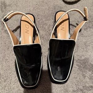 YDN Black Patent Square-Toe Slingback Mules with White Trim